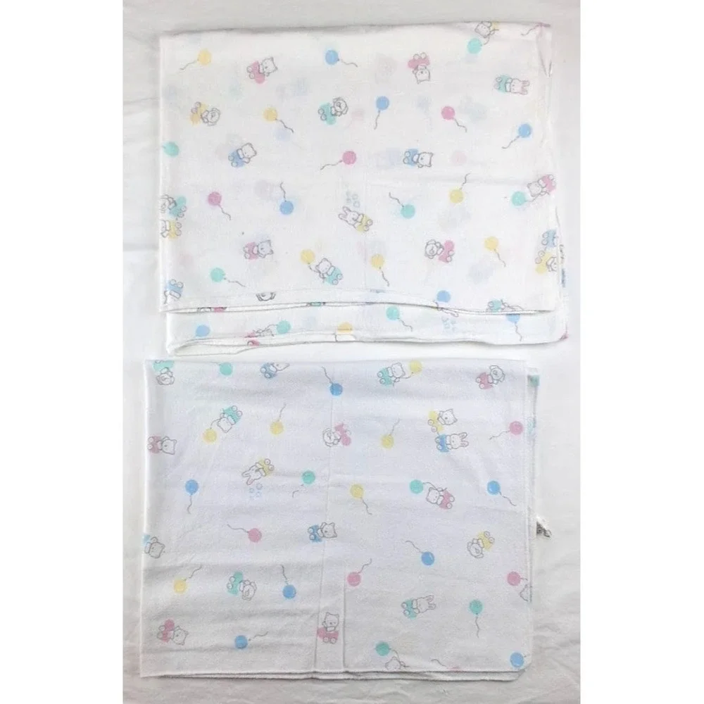 2 Beacon White Baby Receiving Blanket Lot Pastel Balloon Cat Bunny Dog  WPL 1675